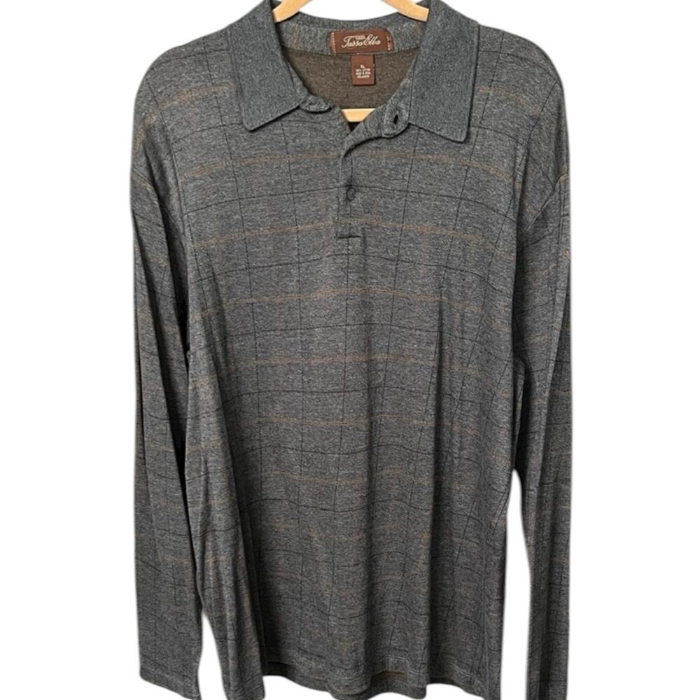 Tasso Elba Spa Long Sleeve Polo Shirt Gray Plaid Heavyweight Cotton Knit - XL